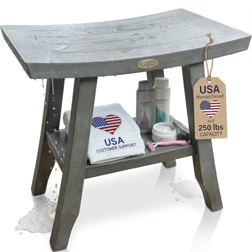 CoastalVogue Satori 18" Gray Teak Shower Bench with Curved Seat | Waterproof teak shower stool features adjustable non-slip feet for secure use on wet or uneven shower floors - size: 18x12x18, style: Shelf