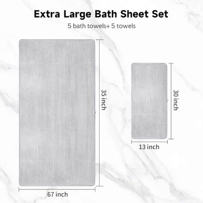 Extra Large Bath Towel Set 10 Piece, XL Bath Towels 35"x67" Oversized Bath Sheets, 280 GSM Microfiber Quick Dry Absorbent Towels, 5 Bath Sheets & 5 Hand Towels (Light Gray) - color: Light Gray, size: Bath towel 35" x 67"+hand towel 30"x13"