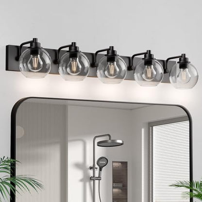 5 Light Bathroom Light Fixtures-Matte Black Bathroom Vanity Lights, Modern Vanity Lights 5-Light Bathroom Lighting Fixtures Over Mirror with Clear Glass Globe Shade - color: ‎Matte Black, size: 5-Light