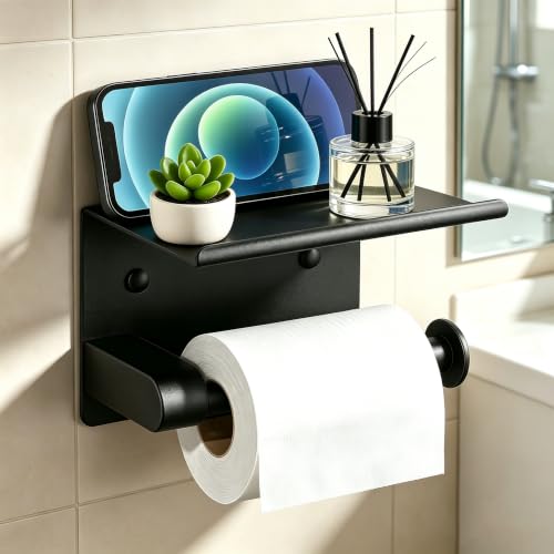 Toilet Paper Holder Wall Mounted with Phone Stand for Tissue Rolls | 2-in-1 Adhesive/Drill Mount Stainless Steel Bathroom Tissue Paper Dispenser, High Load Capacity, Easy Install