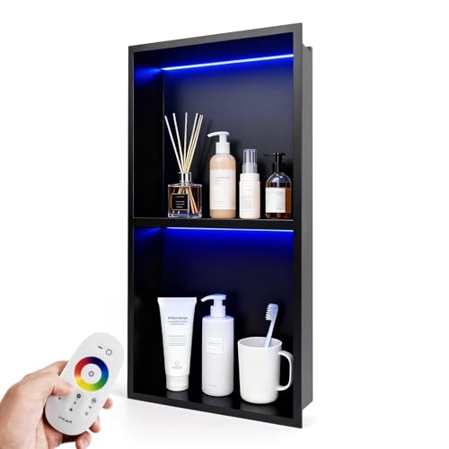 LED Shower Niche 12" X 24" RGB Shower Niche No Tile Needed | 304 Stainless Steel Shower Niche with Light, IP65 Waterproof Bathroom Niche for Shower, Remote Control, Static & Dynamic Mode - color: Matte Black-rgb, size: 12" X 24"