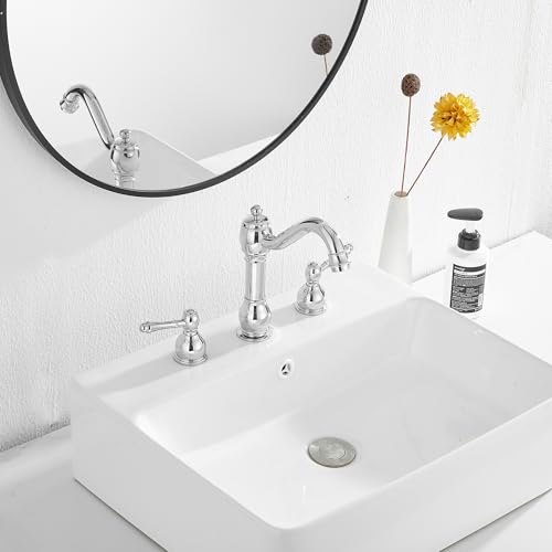 2 Handles 3 Holes Faucet Widespread Bathroom Sink Faucet Basin Tap Mixer Supply Hose Included Matching Pop Up Drain Polished Chrome - color: Chrome, size: Widespread