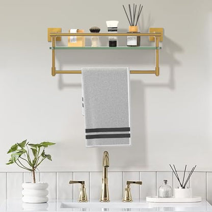 Bathroom Glass Shelf Brushed Gold Finish with Towel Rack, SUS304 Stainless Steel, 16-inch Tempered Glass Shelves for Wall - color: Brushed Gold, size: 16-inch with Railing