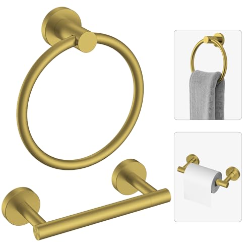 Brushed Gold Toilet Paper Holder & Towel Holder Bathroom Hardware Set | SUS304 Stainless Steel Double Post Pivoting Tissue Roll Holder and Hand Towel Ring Set for Bathroom RV by Evolvegoods - color: Brushed Gold