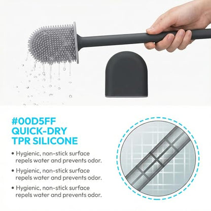 RV Silicone Toilet Brush with Holder, Drill-Free Wall Mounted Toilet Bowl Cleaner, Anti-Drip Anti-Roll Compact Brush for RV Camper & Small Bathroom (Black) - color: Black