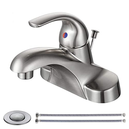 WOWOW Bathroom Faucet 1 Handle Low Arc Single Handle 4 inch Centerset Bathroom Sink Faucet with Pop Up Drain Assembly Basin Mixer Tap Brushed Nickel Vanity Faucets - color: A.Brushed Nickel