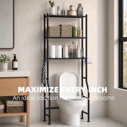 GloTika 3-Tier Over Toilet Storage, Anti-Tilt, 64" H, Black | Anti-Tilt Safety System, 150lb Capacity, Carbon Steel, Freestanding, No Drilling, Anti-Rust Coating, Paper Holder & 4 Hooks - color: Black, size: 3-Tier