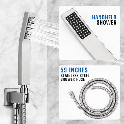 12 Inch Rainfall Shower System with Tub Spout Wall Mounted Complete Combo with Solid Brass Pressure Balancing Valve, High Pressure Shower Head, Handle Set & Installation Accessories - color: Brushed Nickel
