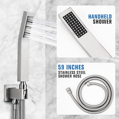 12 Inch Rainfall Shower System with Tub Spout Wall Mounted Complete Combo with Solid Brass Pressure Balancing Valve, High Pressure Shower Head, Handle Set & Installation Accessories - color: Brushed Nickel