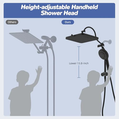 Hibbent Upgraded cUPC Certified 13'' Shower Head Combo, High Pressure 5 Spray Rainfall Showerhead with 10 Sprays Handheld, All Metal 3-way Diverter Shower Arm, 71'' Hose and Holder, Matte Black - color: Matte Black, style: Square 13"