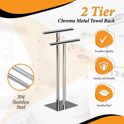 KB Designs - Metal Modern 2 Bar Free Standing Towel Quilt Rack Stand, Chrome