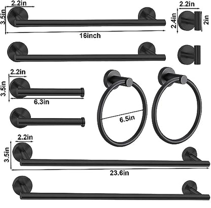 10Pcs Bath Towel Bar Set, Includes 23.6 & 16 Inch Towel Bars, Hooks, Rings & Toilet Paper Holder - Black - color: Matte Black, size: 24-16inch