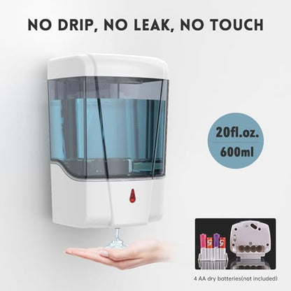 Automatic Soap Dispenser 20fl oz/600ml Touchless Wall Mount Liquid ABS Auto Hands Free Touchless Soap Dispensers Bathroom Kitchen 9031 White - color: White