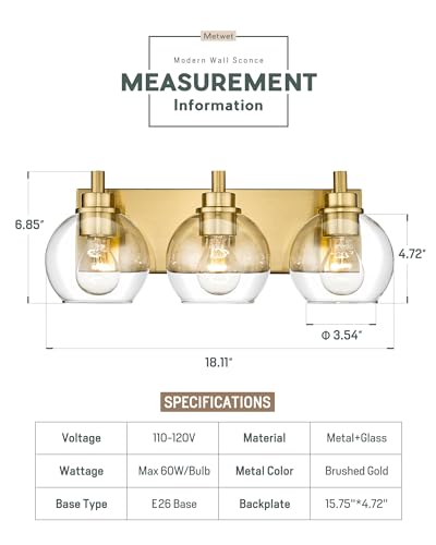 Bathroom Light Fixtures, 3-Light Brushed Gold Vanity Light, Modern Wall Sconces with Clear Glass Globe Shade, Bathroom Wall Lights for Mirror Kitchen Bedroom Hallway Living Room, VL195-GD-3 | 18" modern bathroom light fixtures over mirror, E26 base, bulbs