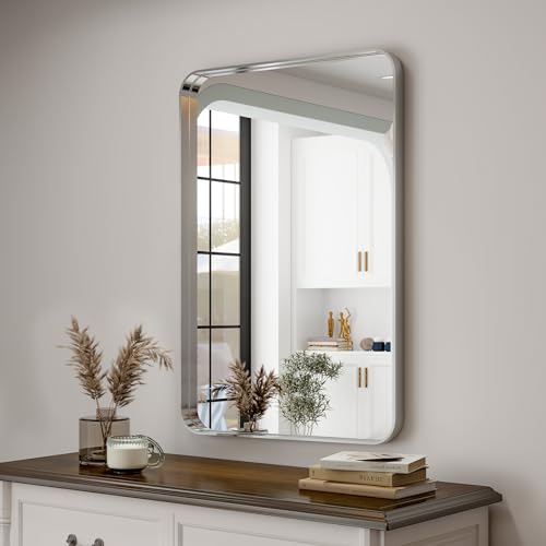 Easly Silver Bathroom Mirror for Wall, 30x22 Inch Rectangular Aluminum Alloy Framed Mirror, Modern Wall Mounted Vanity Mirror for Bathroom, Vertical or Horizontal - color: Silver, size: 30"L x 22"W