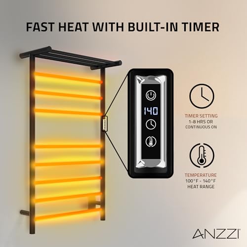 ANZZI Eve Modern 8-Bar Wall Mounted Towel Warmer with Top Shelf in Matt Black, Energy Efficient 93W Electric Plug in Heated Towel Rack, Towel Heater Rail with On/Off Switch, TW-AZ012MBK - color: Matte Black