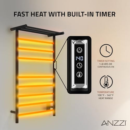 ANZZI Eve Modern 8-Bar Wall Mounted Towel Warmer with Top Shelf in Matt Black, Energy Efficient 93W Electric Plug in Heated Towel Rack, Towel Heater Rail with On/Off Switch, TW-AZ012MBK - color: Matte Black