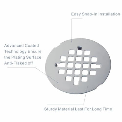 HIDROP Chrome Plated Snap-in Shower Floor Drain Cover, 4-1/4" OD Round Grid | Stainless Steel Bathroom Drain Cover, Shower Drain Cap Replacement, Hair Catcher, Easy-to-Install, Bathroom Shower Strainer - color: Chrome