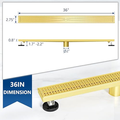 Neodrain 36" Linear Shower Drain, Gold 304 SS Bathroom Linear Drain,cUPC | Gold Shower Drain with Quadrato Grate& Adjustable Feet, Long Rectangle Shower Floor Drain in Bathroom, Balcony etc - color: Golden, size: 36 In