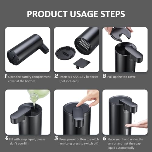 Automatic Soap Dispenser, Automatic Liquid Soap Dispenser Touchless, 12oz/340ml, 3-Level Adjustable, Battery Operated, Water-Resistant for Bathroom, Kitchen, and School, Clog-Free, Black - color: Black
