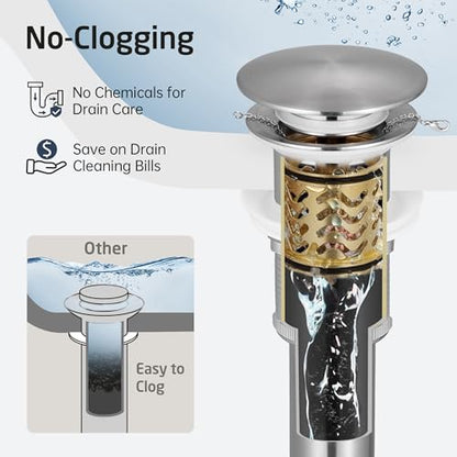 All Metal Pop Up Drain for Bathroom Sink, Bathroom Sink Drain Stopper with Basket, Vanity Sink Drain with Overflow Brushed Nickel Sink Stopper, 18/8 Stainlees & Brass, S20002A-BN - color: Brushed Nickel