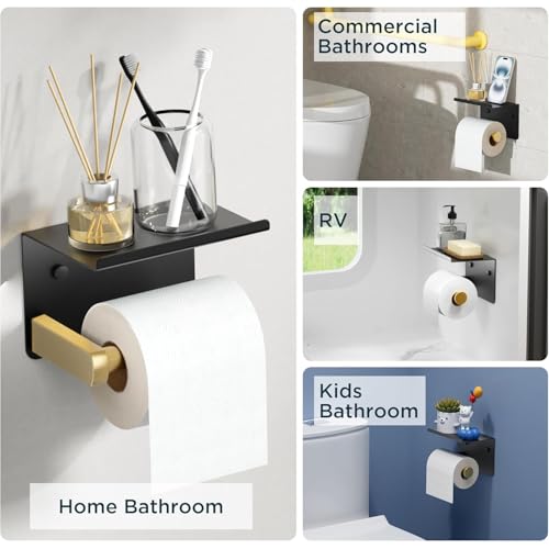 FORIOUS Toilet Paper Holder with Shelf, Adhesive or Screw, Black and Gold | Wall Mount Toilet Paper Roll Holder for Bathroom, Stainless Steel Commercial Toilet Tissue Roll Dispenser with Phone Shelf - color: Matte Black & Brushed Gold