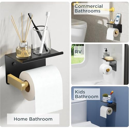FORIOUS Toilet Paper Holder with Shelf, Adhesive or Screw, Black and Gold | Wall Mount Toilet Paper Roll Holder for Bathroom, Stainless Steel Commercial Toilet Tissue Roll Dispenser with Phone Shelf - color: Matte Black & Brushed Gold