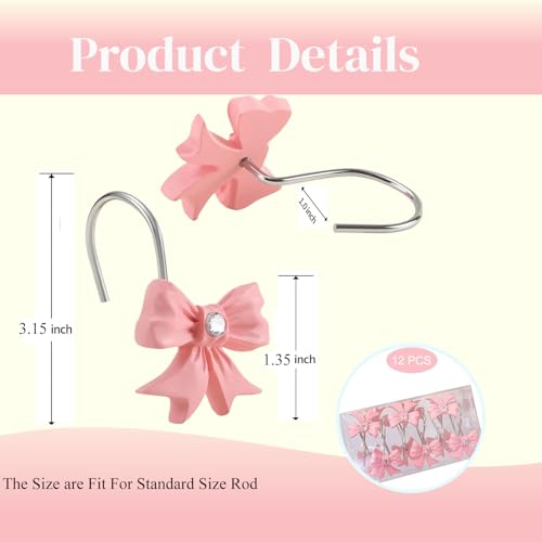 12PCS Decorative Shower Curtain Hooks with Shining Diamond,Rust Resistant Pink Bow Knot Hangers,Cute Shower Curtain Rings Hooks for Home Bathroom Decor Supplies