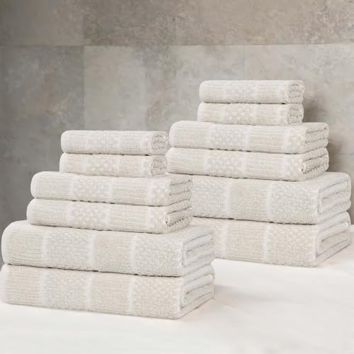 Superior Naples Viscose Cotton Blend Medium Weight Towels, for Bathroom, Shower, Spa, Plush, Quick Dry, Ultra-Soft Towels, Bath Essentials, Ribbed Design, 12 Piece Assorted Towel Set, Beige - color: Beige, size: 12 Piece Towel Set
