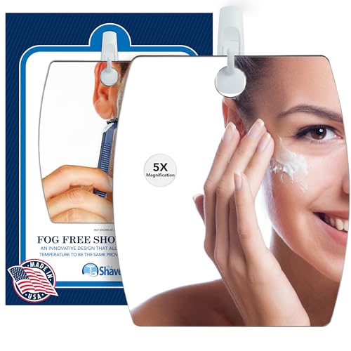 Shave Well 5X Magnifying Anti-Fog Hanging Shower Mirror for Shaving | Curved Design for 5X Magnification | Light and Virtually Unbreakable | Includes Long-Lasting Removable Adhesive Hook