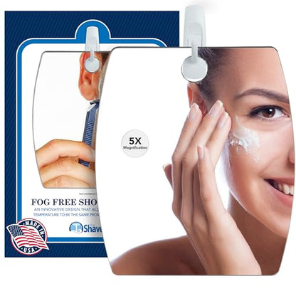 Shave Well 5X Magnifying Anti-Fog Hanging Shower Mirror for Shaving | Curved Design for 5X Magnification | Light and Virtually Unbreakable | Includes Long-Lasting Removable Adhesive Hook