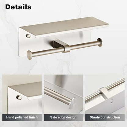 Brushed Double Paper Holder with Shelf, Toilet Roll Holder for Bathroom | Wall Mounted SUS 304 Stainless Steel Toilet Tissue Holder YIGUANXIN - color: Brushed