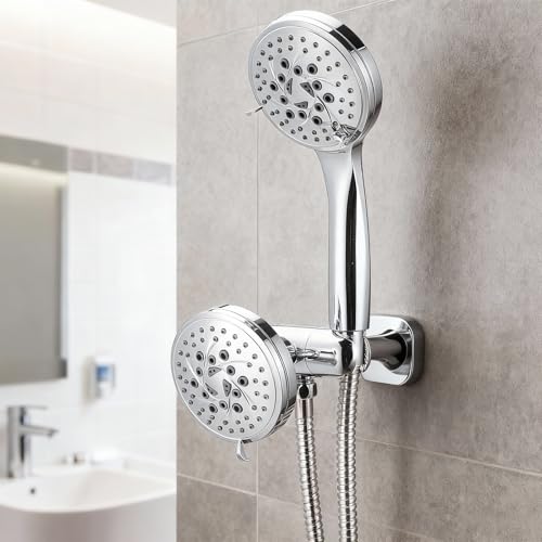 High Pressure Rain Shower Head Combo with Fixed and 9 Sprays Handheld, Non-Clogging Nozzles, Stainless Steel Hose with Adjustable Bracket Double Shower Head