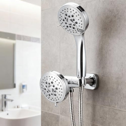 High Pressure Rain Shower Head Combo with Fixed and 9 Sprays Handheld, Non-Clogging Nozzles, Stainless Steel Hose with Adjustable Bracket Double Shower Head
