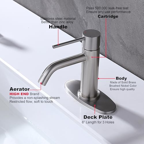 Brushed Nickel Single Hole Bathroom Faucets Single Handle, JXMMP Brushed Bathroom Vanity Sink Faucet with Pop Up Drain Assembly and 6 inch Deck Plate - color: Brushed Nickel, size: Faucet with Deck Plate