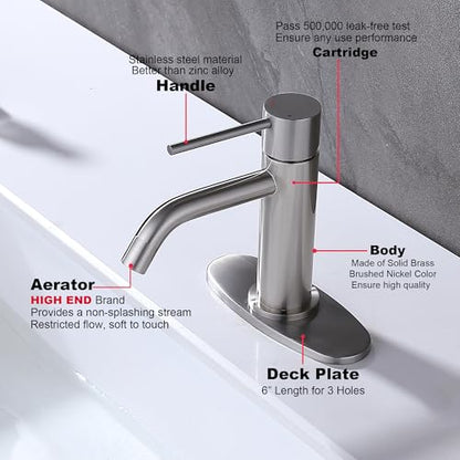 Brushed Nickel Single Hole Bathroom Faucets Single Handle, JXMMP Brushed Bathroom Vanity Sink Faucet with Pop Up Drain Assembly and 6 inch Deck Plate - color: Brushed Nickel, size: Faucet with Deck Plate