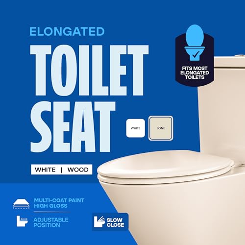 HIGHCRAFT Premium Elongated Toilet Seat with Slow-Close Design & Adjustable Hinges - Molded Wood Toilet Seat - Fits Standard Elongated Toilets - Oval Seat in Bone/Beige - color: Bone, size: Elongated