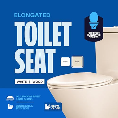 HIGHCRAFT Premium Elongated Toilet Seat with Slow-Close Design & Adjustable Hinges - Molded Wood Toilet Seat - Fits Standard Elongated Toilets - Oval Seat in Bone/Beige - color: Bone, size: Elongated