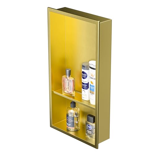 Stainless Steel Shower Niche 12" X 24" Gold No Tile Needed Niche | Recessed shower niche w/ 2-tier shelf,space-saving gold vertical niche, bathroom niche shower for shampoo & soap storage - color: Gold, size: 12"x 24"