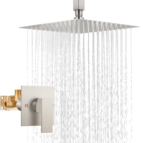 Airuida 10 Inch Brushed Nickel Shower Faucet Set,Rainfall Shower System | Ceiling Shower Head,Male Thread Rough-in Valve,Ceiling Mount,Single Handle - color: Brushed Nickel, size: 10 Inch
