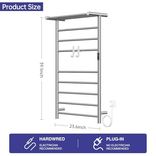 Heated Towel Racks for Bathroom, 11Bar Electric Towel Warmer Rack with Shelf & 2 Hooks, Wall-Mounted Time Setting and Temperature Control Heated Drying Rack for Home, Salon, Spa (Silver - color: Sliver