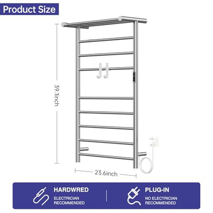 Heated Towel Racks for Bathroom, 11Bar Electric Towel Warmer Rack with Shelf & 2 Hooks, Wall-Mounted Time Setting and Temperature Control Heated Drying Rack for Home, Salon, Spa (Silver - color: Sliver