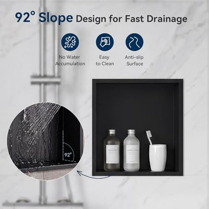 Shower Niche 12" x 12",Matte Black Stainless Steel Shower Niche | No Tile Needed Over Mount, Built-in Bathroom Storage Shelf, Single Tier, Rustproof Stainless Steel, Easy Install - color: Black, size: 12" x 12"