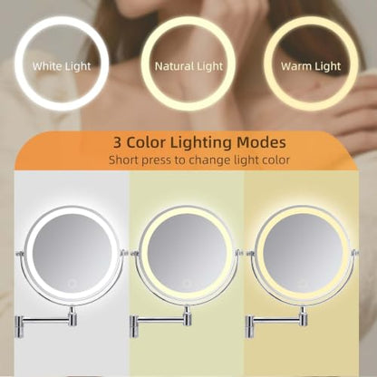 Wall Mounted Makeup Mirror with Lights, 8" Rechargeable 1X/10X Magnifying Mirror, 360° Swivel Extendable Arm, 3 Color LED (1, Chrome) - color: Chrome