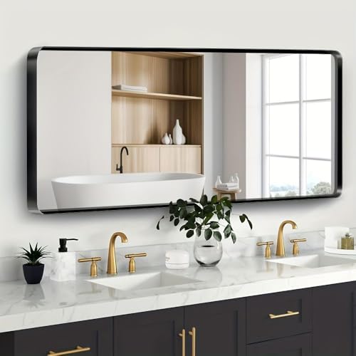JISOSO 72x32 Inch Black Bathroom Mirror Metal Framed | Anti-Rust, Tempered Glass, Shatter Proof, Hangs Horizontally or Vertically - color: Black, size: 72"L x 32"W