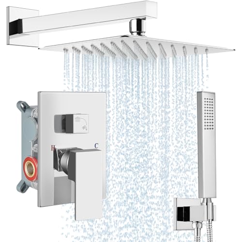 Midanya Shower Faucet Set with Handheld Sprayer,10 Inch,Polish Chrome | Rough-in Shower Valve and Trim Kit Included,Square Rain Head,Wall Mount Shower System,All Metal,Bathroom - color: Chrome, size: 10 Inch