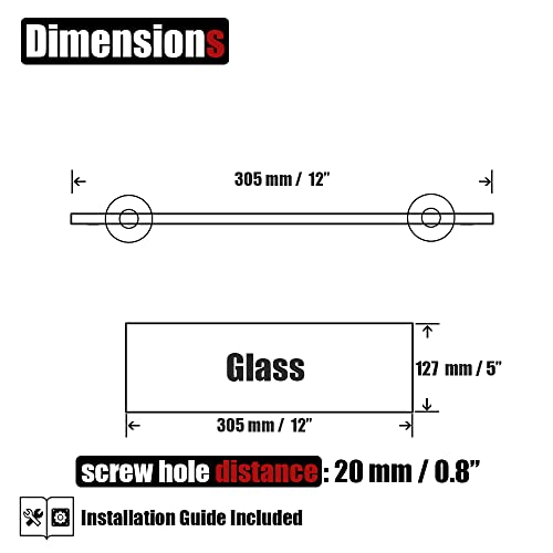 JQK Bathroom Glass Shelf Chrome, Tempered Glass Shower Storage 12 by 5 inches, 304 Stainless Steel Polished Chrome Wall Mount, TGS101L12-CH - color: Chrome, size: 12 Inch (1 Pack)