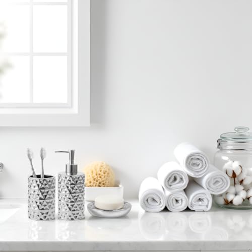 Silver Bathroom Accessories Set 3 PCS, Dispenser, Soap Dish and Vase | Diamond Ceramic Bathroom Accessory Complete Set - Lotion Dispenser, Soap Dish,Vase for Countertop Vanity - color: Silver