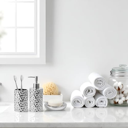Silver Bathroom Accessories Set 3 PCS, Dispenser, Soap Dish and Vase | Diamond Ceramic Bathroom Accessory Complete Set - Lotion Dispenser, Soap Dish,Vase for Countertop Vanity - color: Silver