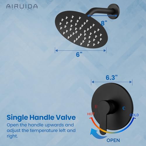Airuida Shower Faucet Set,6 Inch Matte Black Shower Trim Kit | Round Rainfall Shower Head,Single Handle,Male Threads Rough-in Valve,Wall Mount Bathroom System - color: Black, size: 6 Inch